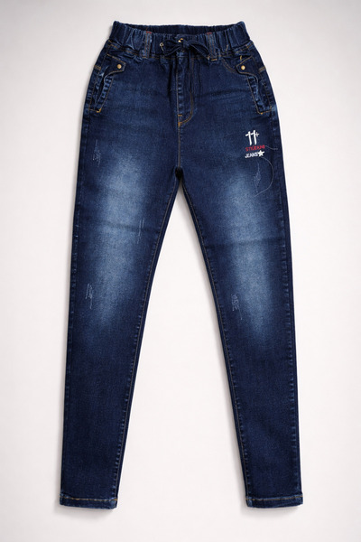 Generic Boys Dark Blue Slim Fit Jogger Jeans – Elastic Waist Drawstring Casua...