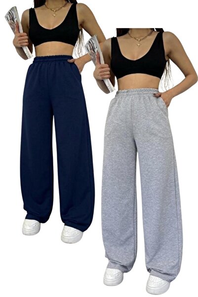 CAST COLLECTİON Women's Gray-Navy Blue 2-Piece Wide-Leg Sweatpants