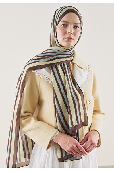 Freshscarfs Σχέδιο μπλοκ ρίγες, σάλι από ραμί, καφέ χρώμα