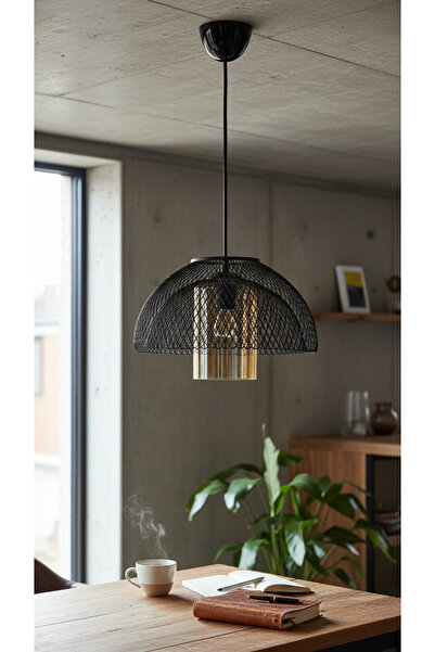 Decodelight Siyah Hasır Çift Katman Küre Tel Model Metal Bal Renk Camlı Tekli...