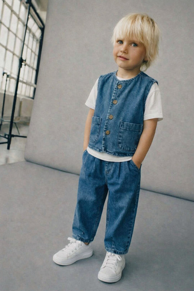 connemara Erkek Çocuk Kot Yelek Pantolon Takım Düğmeli Denim 2'li Takım KOMBİN