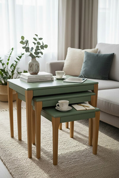 Akabesan Aksesuar Uras Serisi Dikdörtgen Haki Yeşil Ceviz Ayaklı 1.sınıf Ahşa...