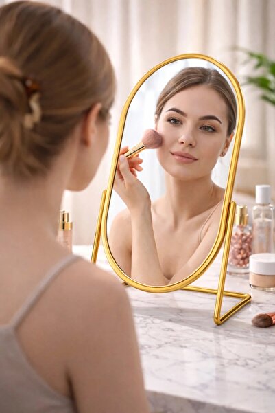 AKAMİNO Metal Elips Çerçeveli Gold Masaüstü Makyaj Aynası