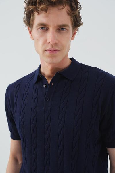 GIESTO texturat TRICOU TRICOTAT CU GULER POLO, CROȘETAT, ALBASTRU ÎNCHIS cu m...