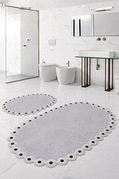 Teksev Gülruba Oval White Dowry Box, Set of Lace of 2, Set of Bath Mat of Non...