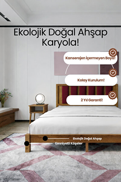 RENAZZO Orion Bordo Puflu Başlık Masif Ahşap Karyola- Bordo Renk Puflu Konfor...
