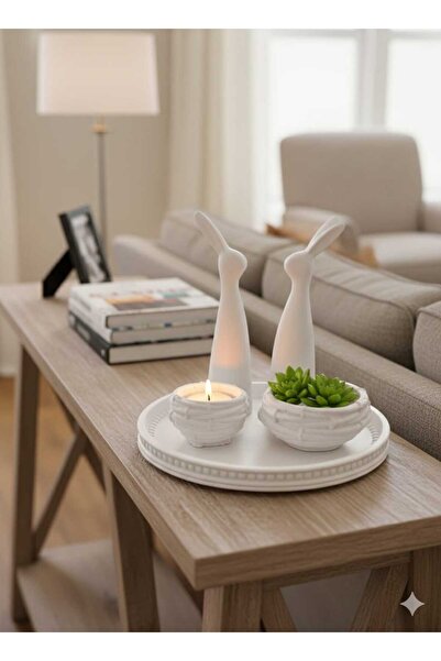 M&C Concept El Yapımı Taş Tozu Tavşan Figürlü Dekoratif Tepsili Obje Seti 5’l...