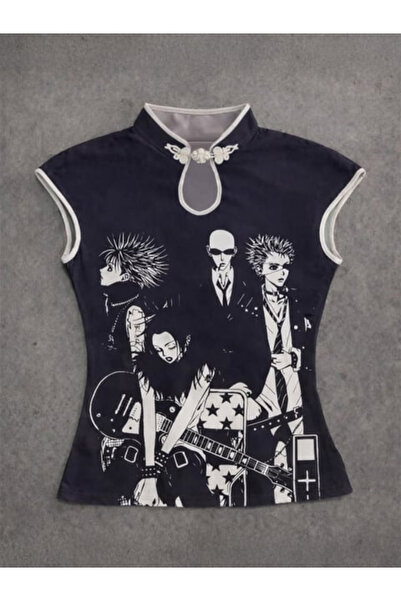 DREICH STREETWEAR ART Black Anime Nana Qipao Vintage Y2K Short Sleeve Cropped