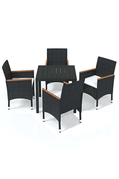 vidaxl Set de masă pentru grădină cu perne, 5 piese, negru, poliratan