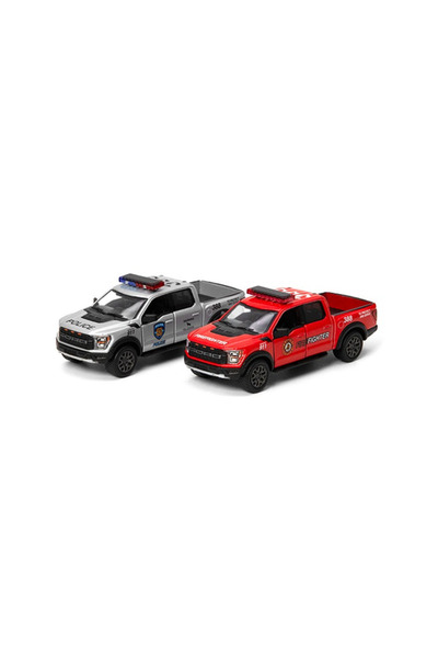 Kinsmart قطعتان من سيارة فورد F-150 رابتور إصدار الشرطة/الإطفاء لعام 2022 بمق...