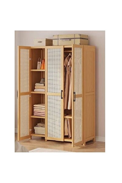 NKX خزانة ملابس خشبية بألواح من الخيزران، بثلاثة أبواب، قائمة بذاتها، مع قضيب...