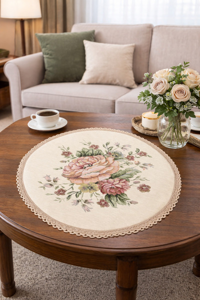 Yeshome Collection Vintage Bouquet Goblen Fiskos Örtüsü – 50 cm Yuvarlak Deko...