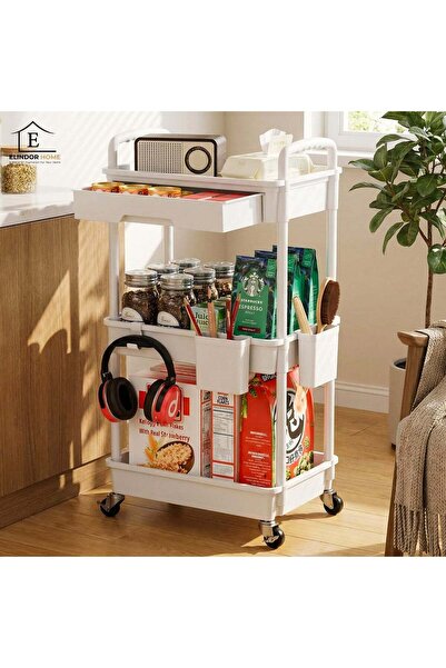 Elindor ® 3-Tier Organizer Cart, with 1 Drawer and 360° Wheels, 38 x 27 x 74 ...