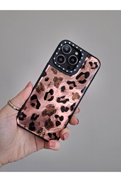 EPRO iPhone 15 Pro Max Uyumlu Leopar Desenli Taşlı Kamera Koruma Çıkıntılı Lü...