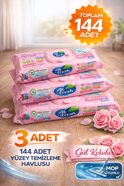 KEP Mop Bezi, 3 adet 48’li - Mop Islak Mendili - Gül Kokulu - Tüm Zeminler