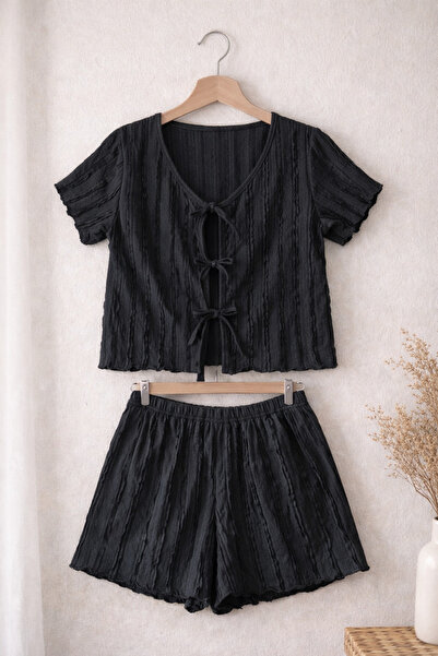 Retrobird Bürümcük Fabric Shorts Pajama Set – Summer Home Wear Women's Black