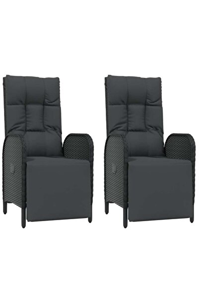 vidaxl Scaune rabatabile exterior, cu perne, 2 buc., negru, poliratan