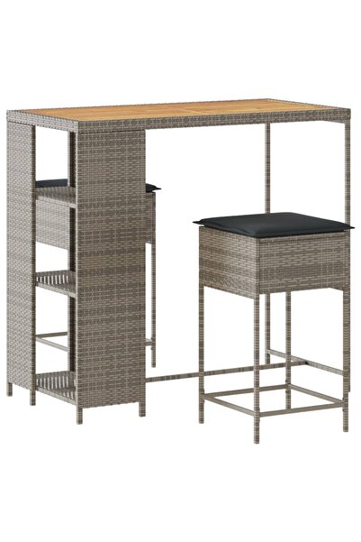 vidaxl Set mobilier bar de grădină, cu perne, 3 piese, gri, poliratan