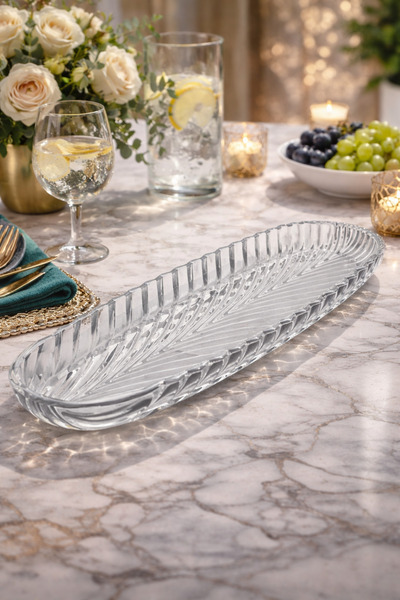 Akormia 2 Adet Cam Uzun Servis Tabağı 40x13 cm Şeffaf Kristal Sunum Tabağı Me...