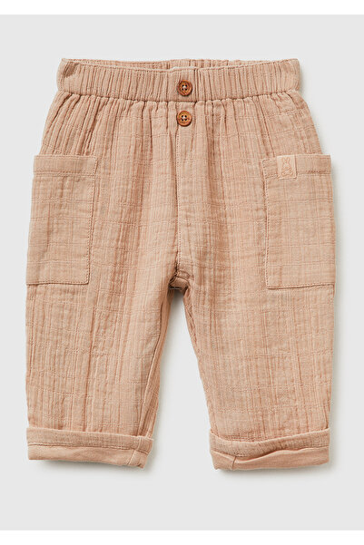 United Colors of Benetton Baby Beige Elastic Waist Buttoned Side Pants Pocketed