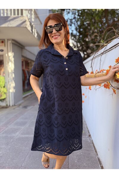 DenizEge Κεντητό Φόρεμα μίντι σε μπλε ναυτικό