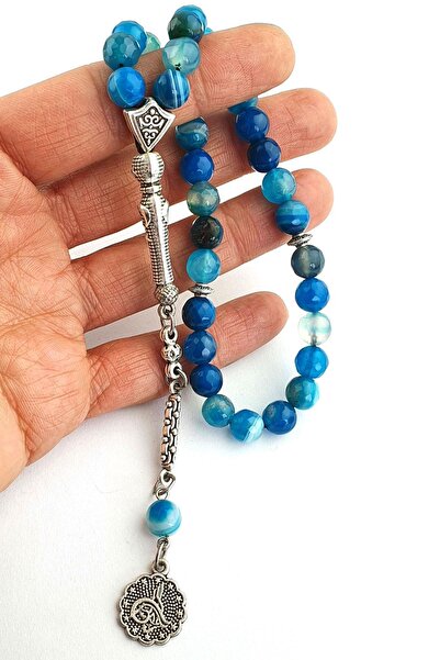 OSESHOP Blue Agate Stone Steel Tasseled Natural Stone Prayer Beads
