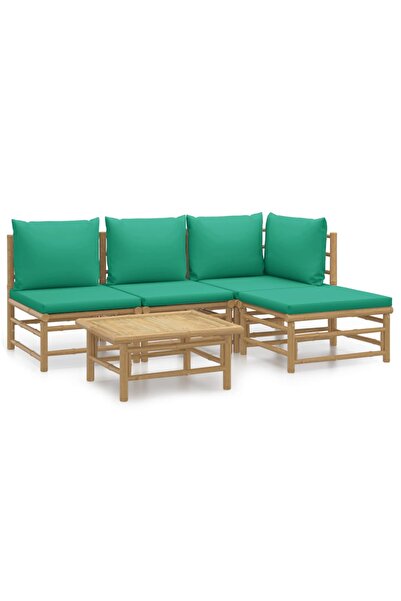 vidaxl Set mobilier de grădină cu perne verzi, 5 piese, bambus