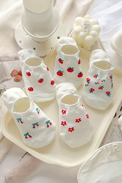 Hitit Socks Kadın 5 Çift Premium Kalite Meyve ve Çiçek Desenli Görünmeyen Kıs...