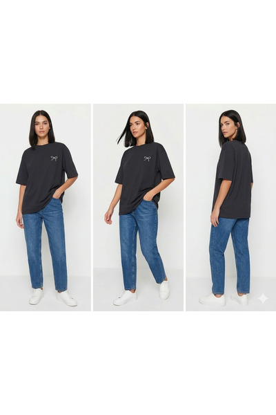 Nyla & Craft Unisex Oversized Bow Embroidery Design Combed Cotton Tshirt