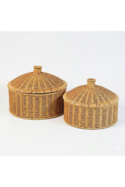 Paçi Premium Serisi Hasır Kapaklı 2'li Yuvarlak Sepet