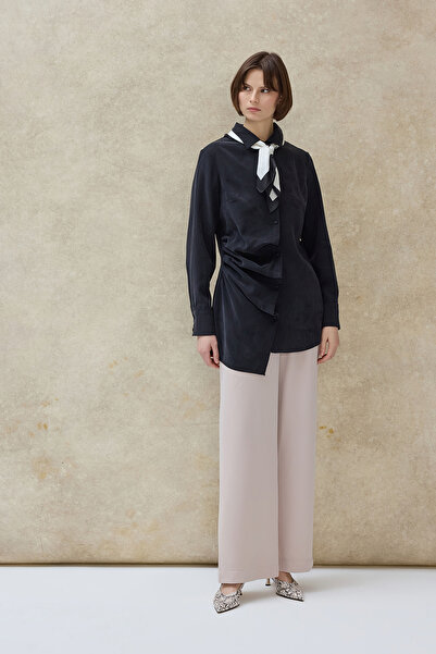 Birgül Bektaş Brown Runa Pleated Asymmetric Shirt