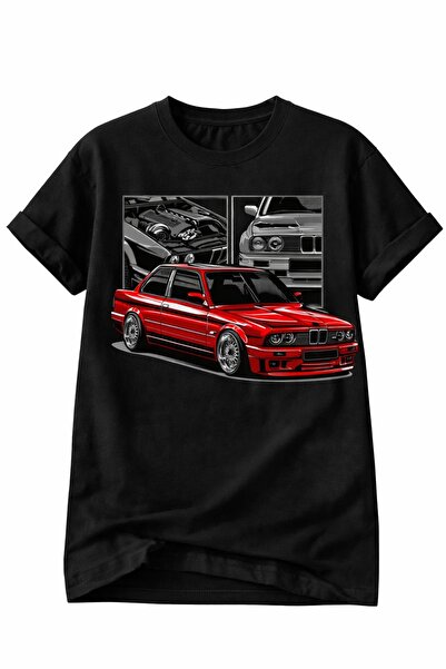 TshirtLab BMV E 30 Kırmızı Efsanesi Baskılı Oversize Unisex Siyah T-Shirt