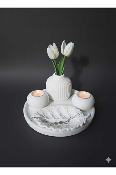 Pura Design El Yapımı Taş Tozu Yaprak Detaylı Dekoratif Vazo & Mumluk Seti – 5’li Tepsili Ev Dekoru