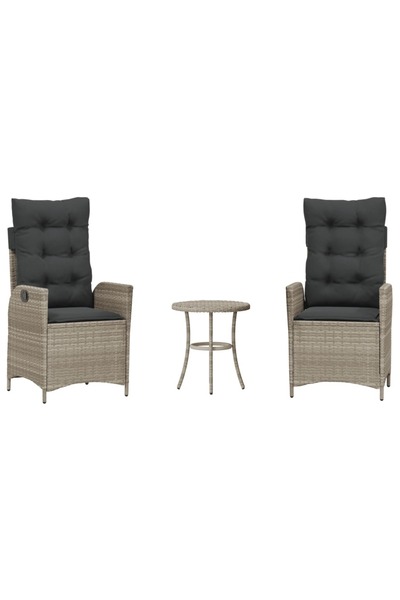 vidaxl Set bistro cu perne, 3 piese, gri deschis, poliratan