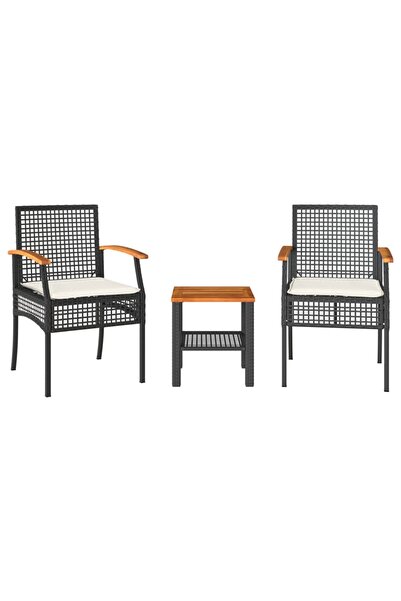 vidaxl Set bistro cu perne, 3 piese, negru, poliratan și lemn acacia