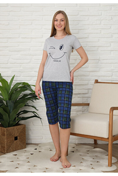 Serena Pijama familie-damă, bumbac, mânecă scurtă și pantaloni 3/4, culoare gri