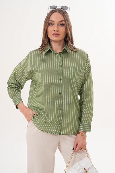 ŞİMAL Cămașă de damă Stripe cu model Single cu buzunare supradimensionat 2603...