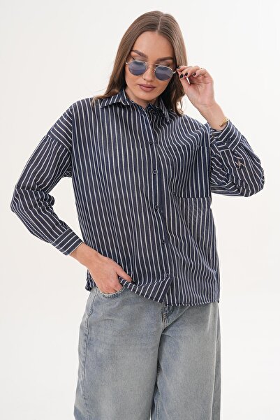 ŞİMAL Cămașă de damă Stripe cu model Single cu buzunare supradimensionat 2603...