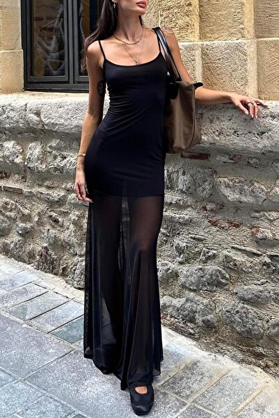 BSL Askılı Maksi Tül Detaylı Elbise