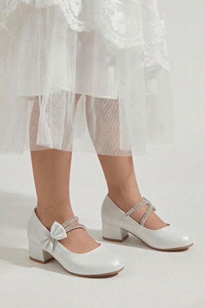 Nubbock Pantofi cu toc și fundă din piele lăcuită albă pentru fete NK3142