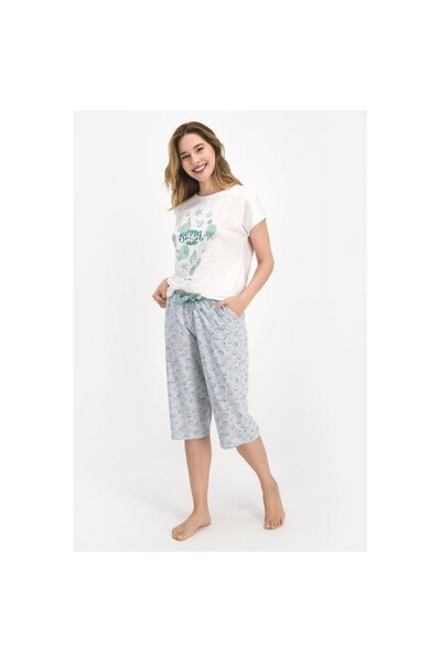 PONÇİK Women's pajamas, short-sleeved blouse, Summer Enjoy print and 3/4 pant...