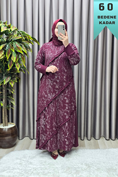 Elmas Tesettür Kadın Giyim Büyük Beden Reglan Kol Önü Fırfırlı Kendinden Dese...