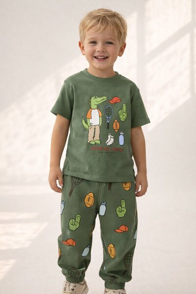 Monila طقم للأولاد مكون من قطن تي شيرت أخضر كروكوديل مطبوع و مطبوع بنطال رياض...