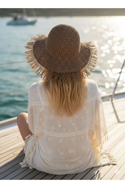 Trend Şapka 14552 Χειροποίητο Πλεκτό Καφέ Ψάθινο Καπέλο με Κρόσσια