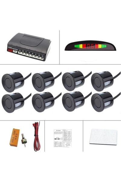 motoLEDy Senzori parcare 8 buc cu conectori etanși, 4 față - 4 spate, display, centrală 12V