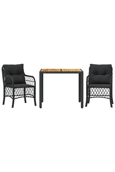 vidaxl Set bistro cu perne, 3 piese, negru, poliratan