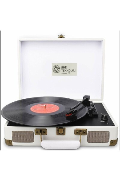 Mighty BEYAZ RENK NOSTALJİK ŞARJLI BLUETOOTH HOPARLÖRLÜ ÇANTALI PİKAP PLAK ÇALAR