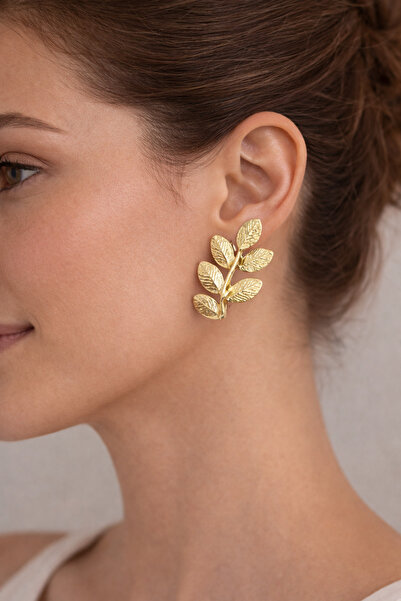 Takıtolia Wilda Gold-Colored Leaf-Shaped Five-Leaf Stylish Design Gold Earrings