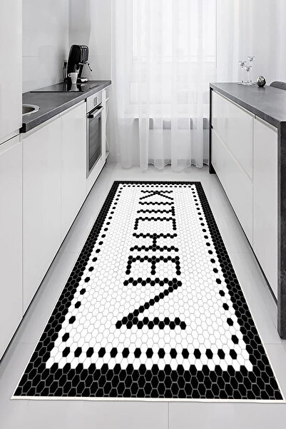 Mortapi Siyah Beyaz Kitchen Yazılı Dijital Baskılı Kaymaz Yıkanabilir Mutfak ...