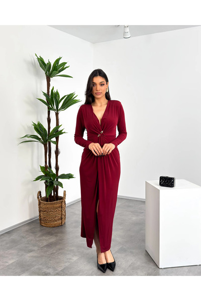 Mialora Sandy Fabric Front Ruched Double-Breasted Stylish Women's Dress with ...